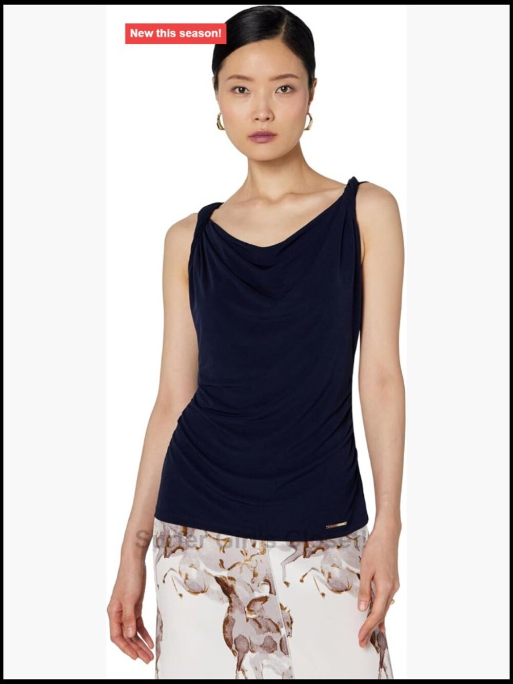 Women's Sleeveless Twisted Strap Cowl Neck Jersey Top, 95% Polyester